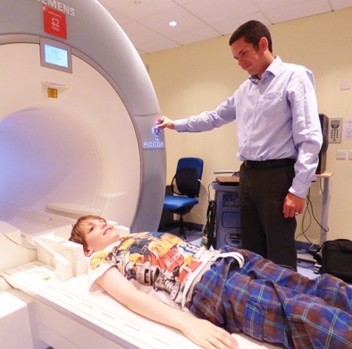 Photograph of patient in MRI scanner