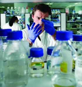 A photo of a young man in the lab, taken from behind reagent bottles with blue caps