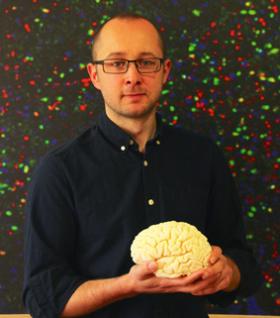 Photograph of researcher with brain model