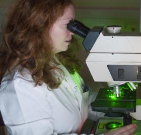 Photograph of researcher using a microscope